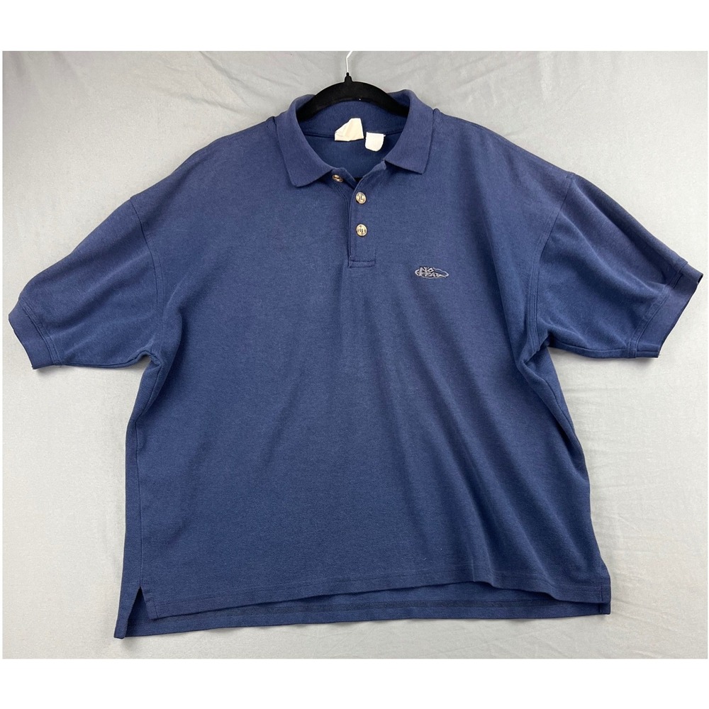 Vintage No Fear Polo Shirt Men LRG Blue Embroidered Logo Pique Knit Short Sleeve
